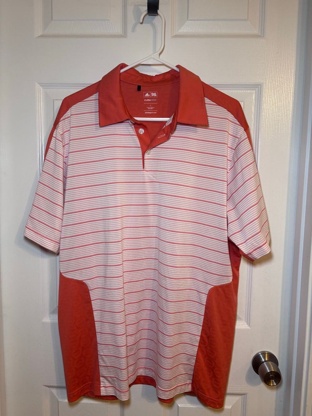 Adidas Golf ClimaCool Men’s Large Coral White Striped Performance Polo